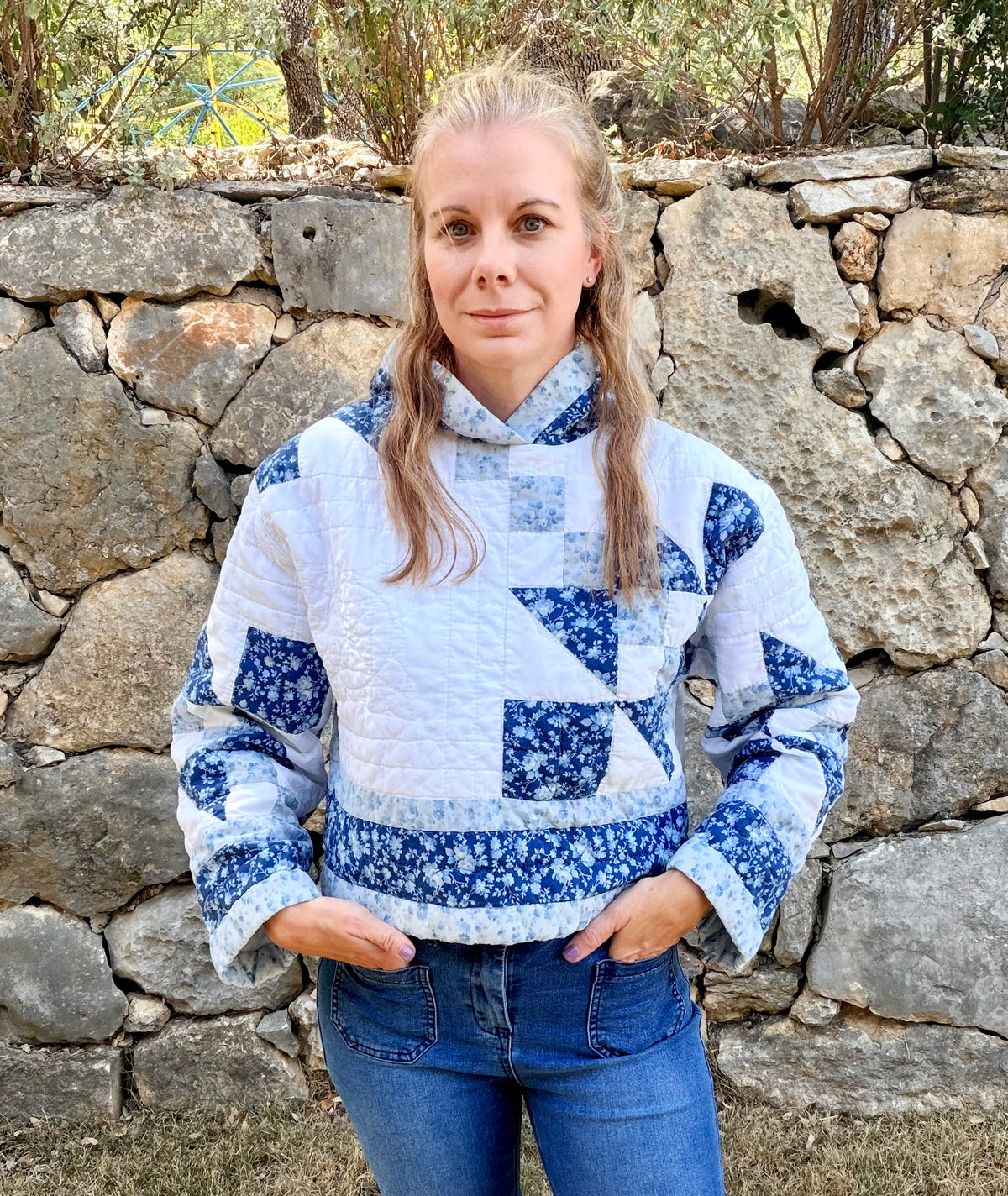 Blue & White Vintage Quilted Crop Hoodie