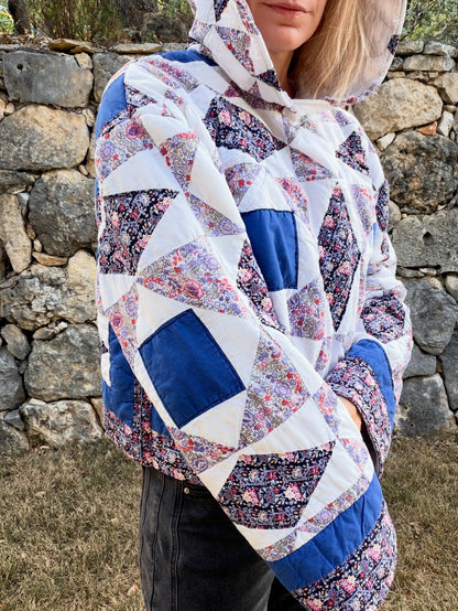 Blue & Purple Diamond Vintage Quilted Crop Hoodie