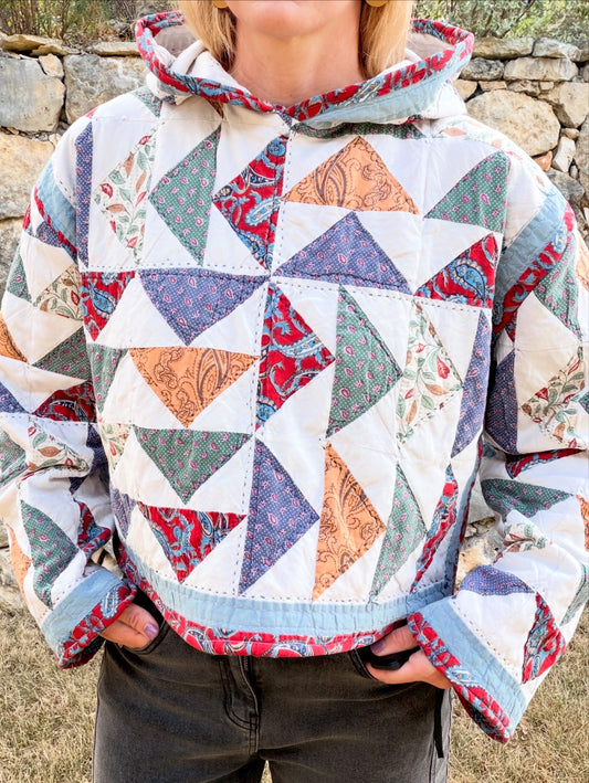 Handstitched Multicolor Flying Geese Vintage Quilted Crop Hoodie