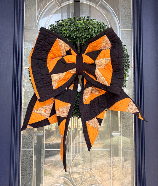Black & Orange Vintage Quilt with Hand-Stitching Oversized Fall Bow