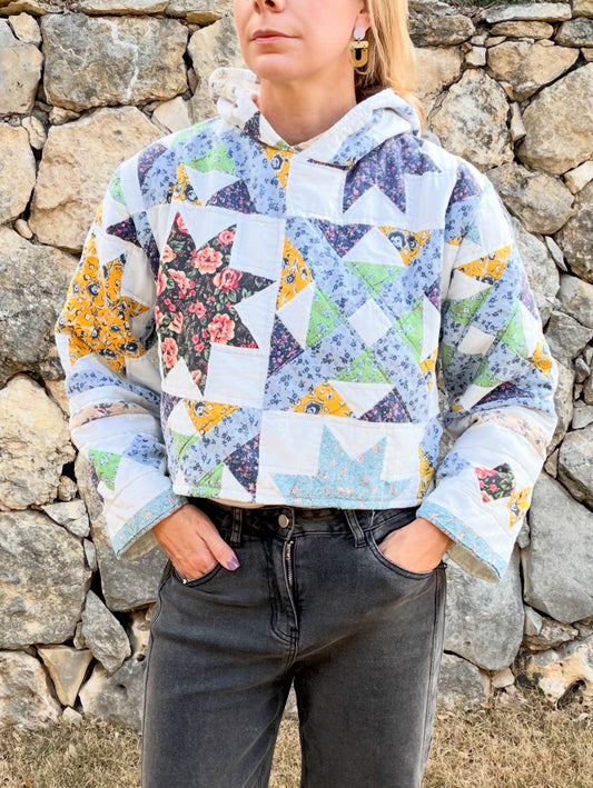 Multicolor Sawtooth Star Vintage Quilted Crop Hoodie