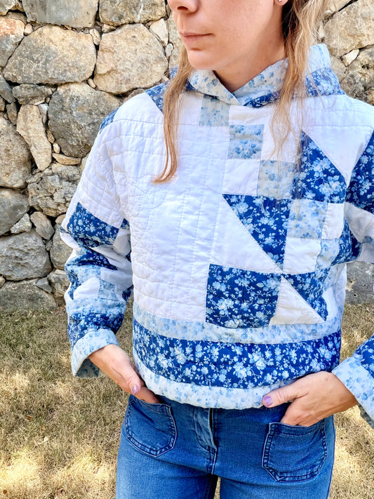 Blue & White Vintage Quilted Crop Hoodie
