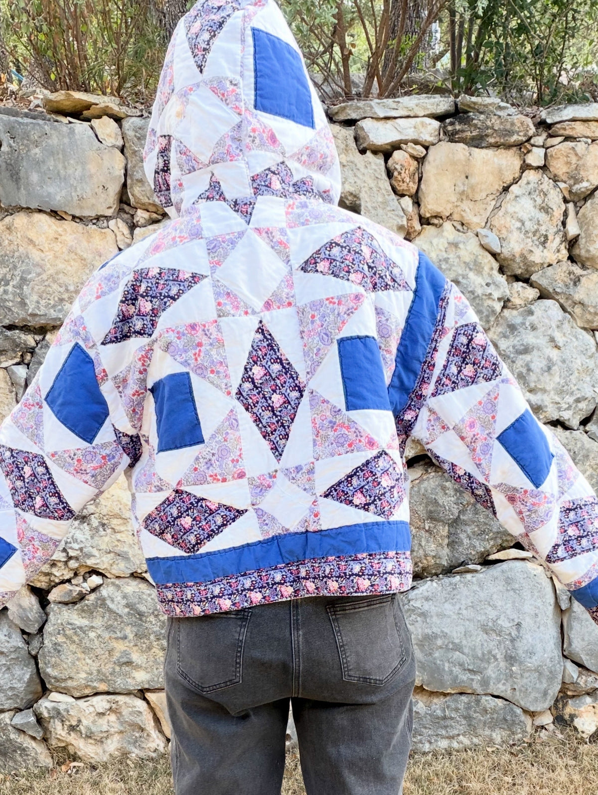 Blue & Purple Diamond Vintage Quilted Crop Hoodie
