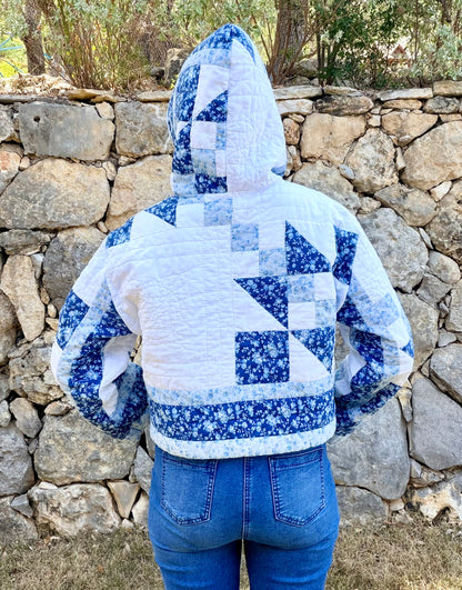 Blue & White Vintage Quilted Crop Hoodie