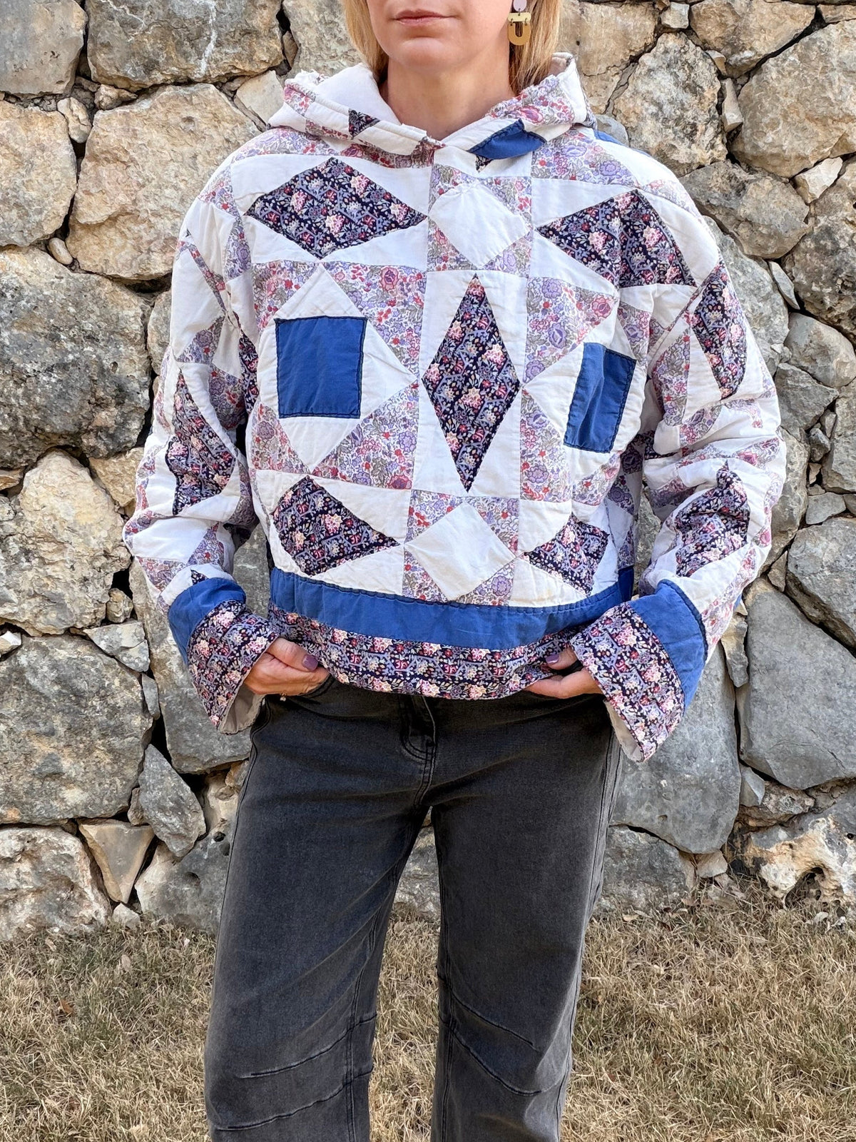 Blue & Purple Diamond Vintage Quilted Crop Hoodie
