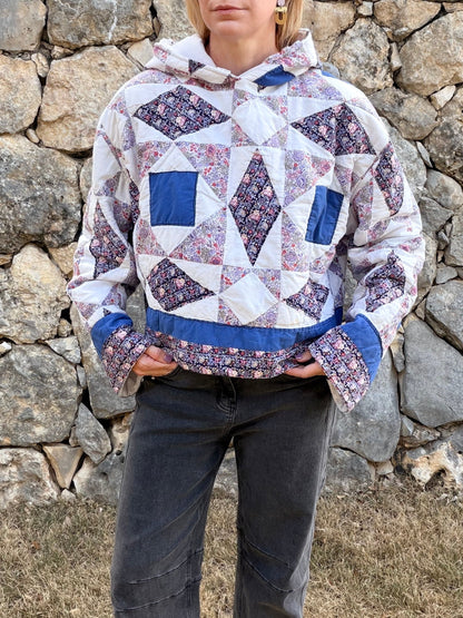 Blue & Purple Diamond Vintage Quilted Crop Hoodie