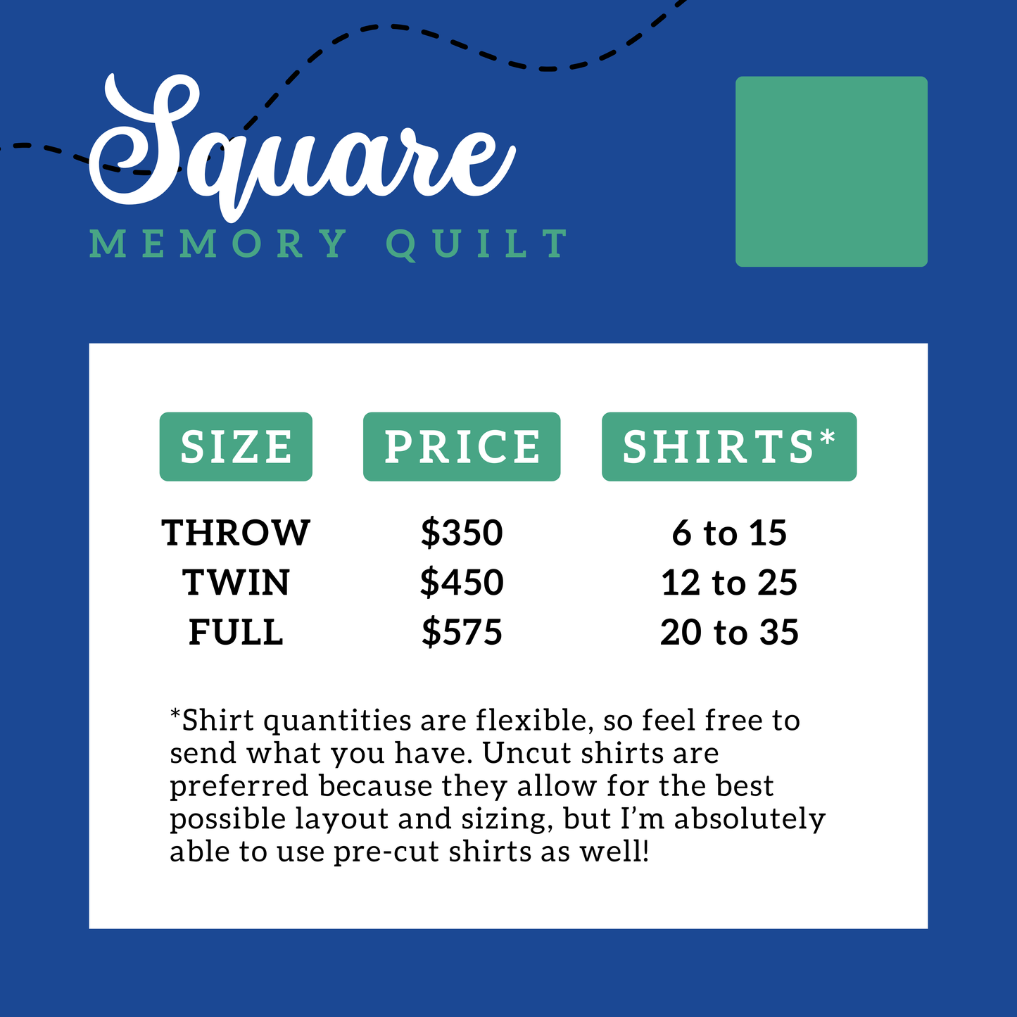 Square Memory Quilt Deposit - ALL SIZES